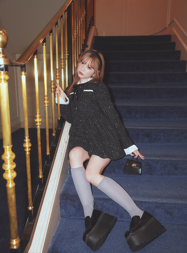 リボンフリルツイードフレアミニコート