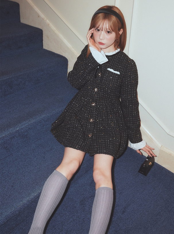 リボンフリルツイードフレアミニコート