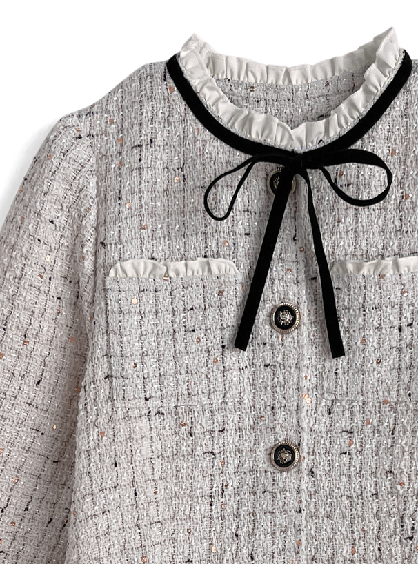 リボンフリルツイードフレアミニコート