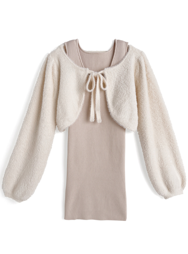 リボンシャギーボレロ×ミニワンピースニットセットアップ