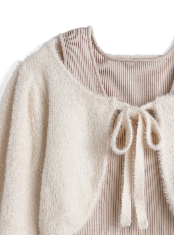 リボンシャギーボレロ×ミニワンピースニットセットアップ