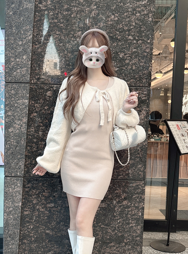 リボンシャギーボレロ×ミニワンピースニットセットアップ