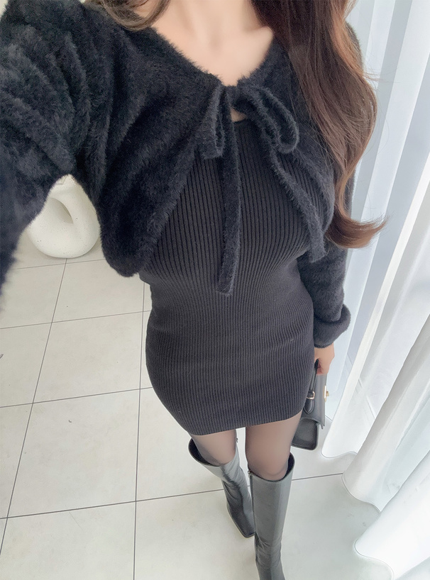 リボンシャギーボレロ×ミニワンピースニットセットアップ[ru1383