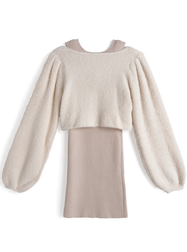 リボンシャギーボレロ×ミニワンピースニットセットアップ