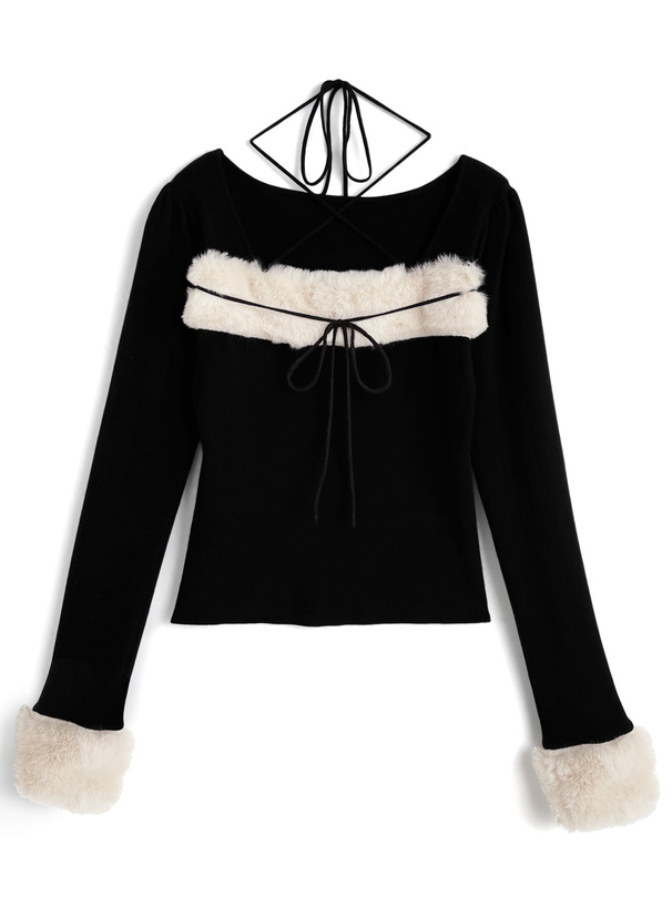 ファーホルターネックリボンニットトップス