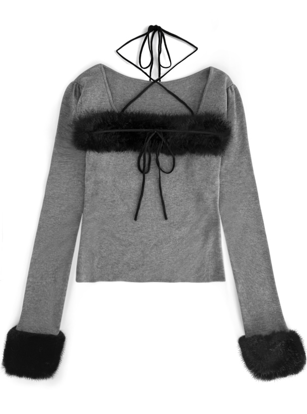 ファーホルターネックリボンニットトップス