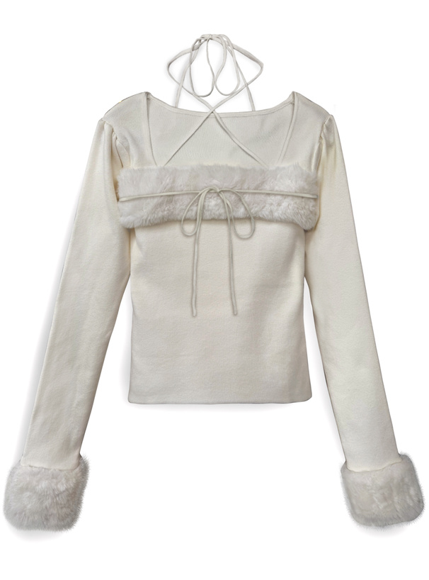 ファーホルターネックリボンニットトップス