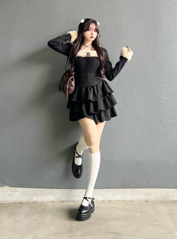 ファーホルターネックリボンニットトップス