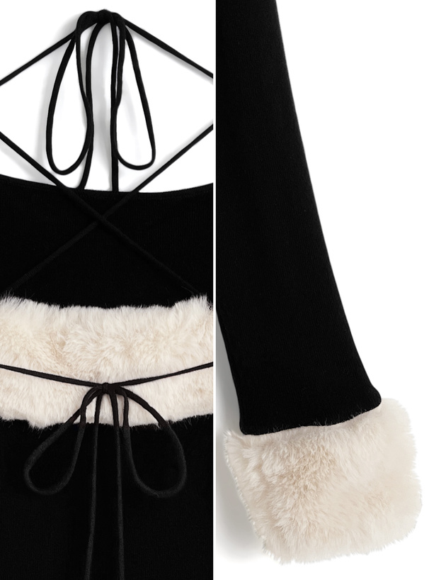 ファーホルターネックリボンニットトップス[ru1387] | レディース