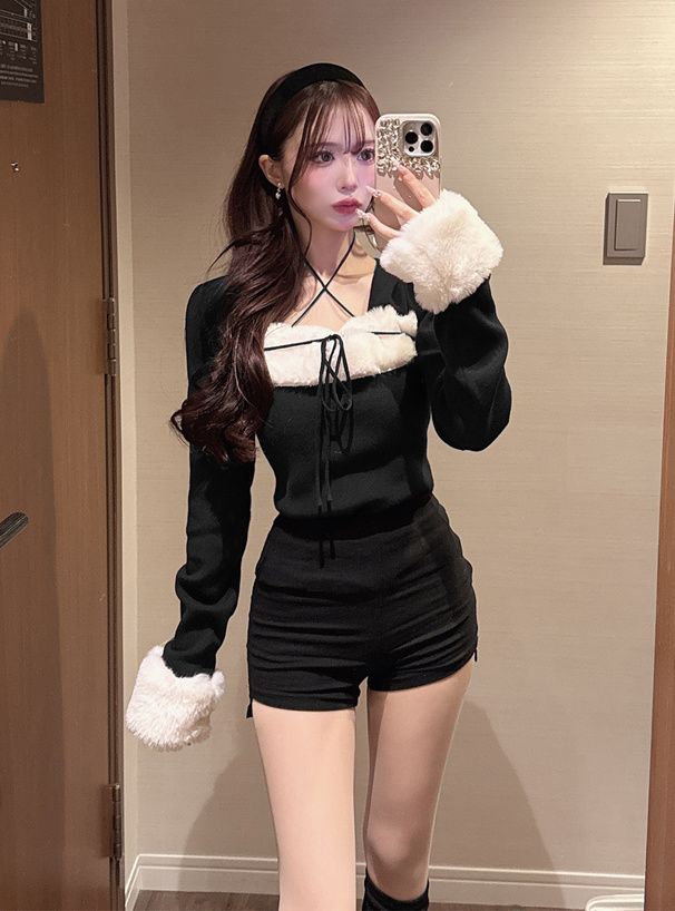 ファーホルターネックリボンニットトップス