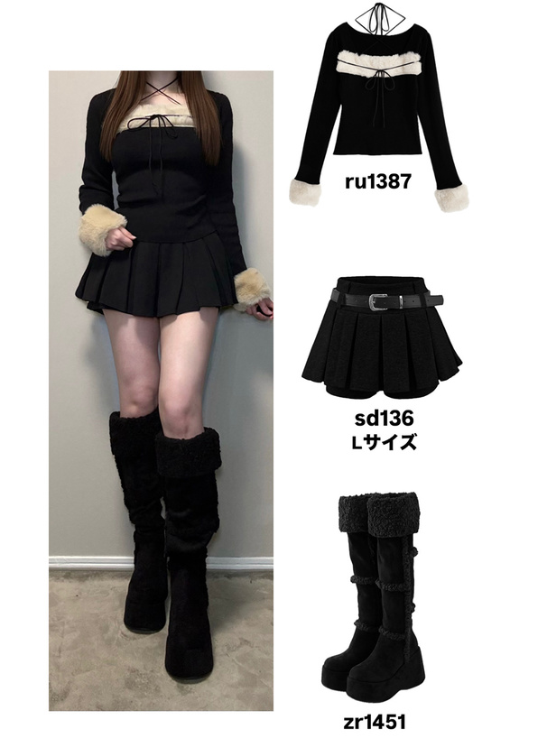 ファーホルターネックリボンニットトップス