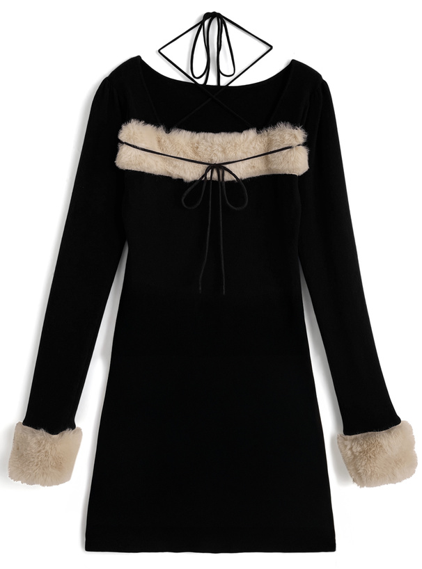 ファーホルターネックリボンニットワンピース