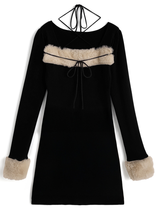 ファーホルターネックリボンニットワンピース[ru1388] | レディース