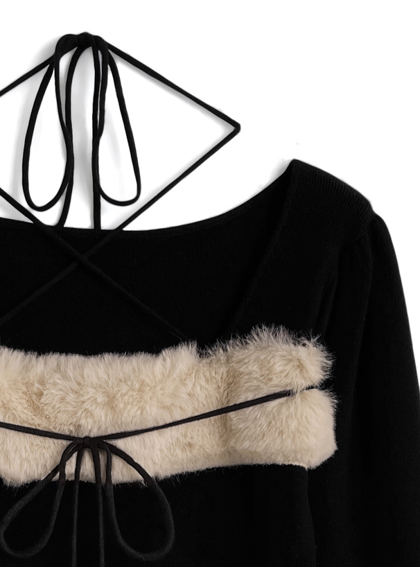 ファーホルターネックリボンニットワンピース