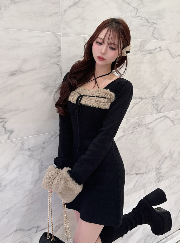 ファーホルターネックリボンニットワンピース[ru1388] | レディース