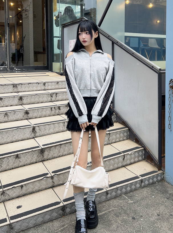 レイヤード風レースジップオフショルダースウェットトップス