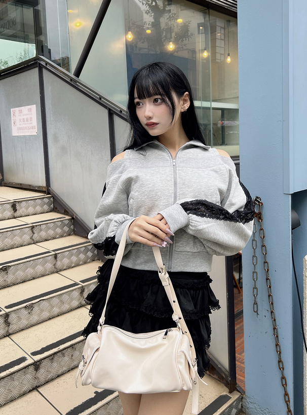 レイヤード風レースジップオフショルダースウェットトップス