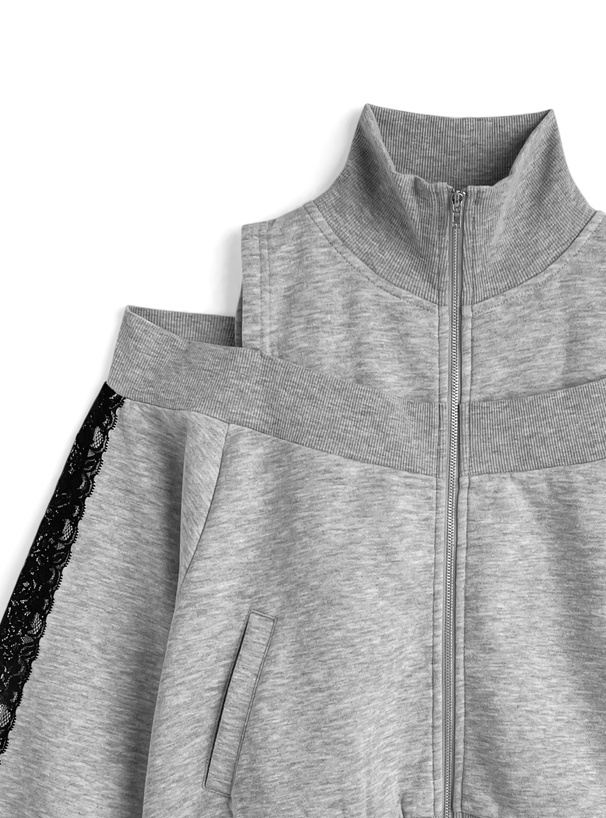 レイヤード風レースジップオフショルダースウェットトップス