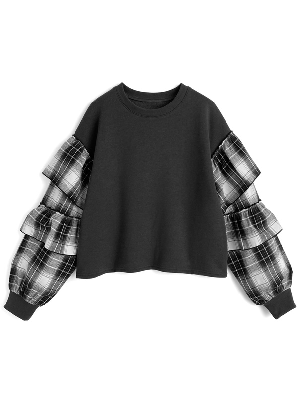チェック柄ドッキングスウェットトップス[ru1394]