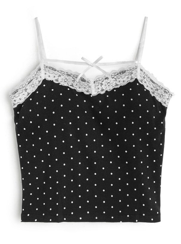 カップ付きドット柄リボンレースキャミソール[ru1398]
