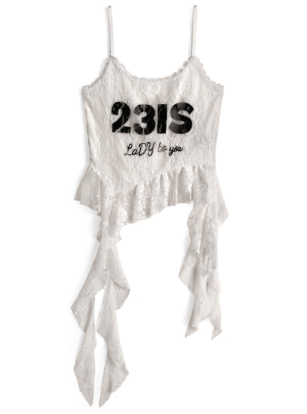 ロゴプリントアシンメトリーレースキャミソール