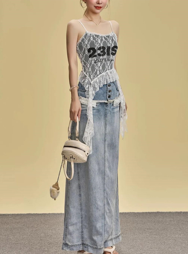 ロゴプリントアシンメトリーレースキャミソール