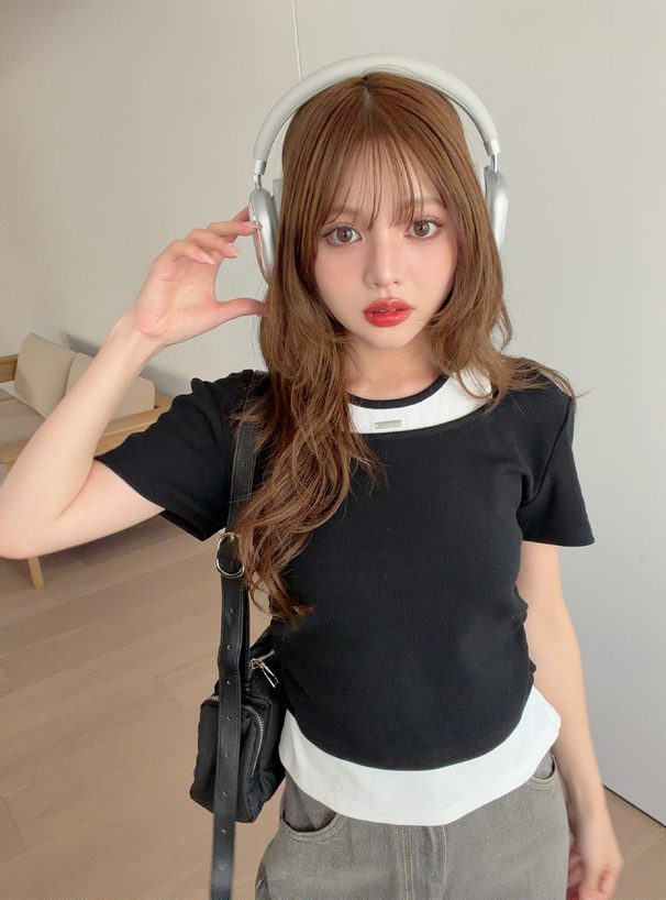 配色レイヤードリブトップス