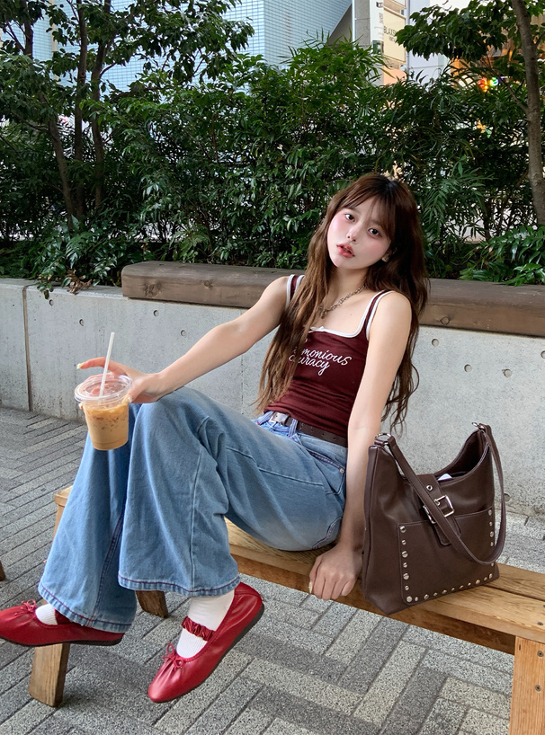 配色ロゴ刺繍ギャザータンクトップ