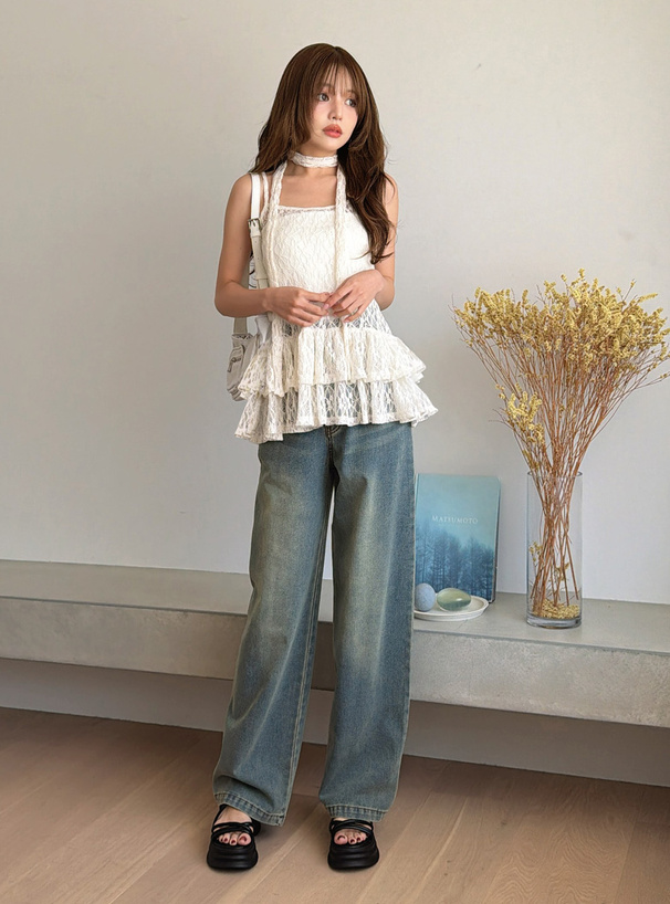 タイ付きレースティアードキャミソールトップス