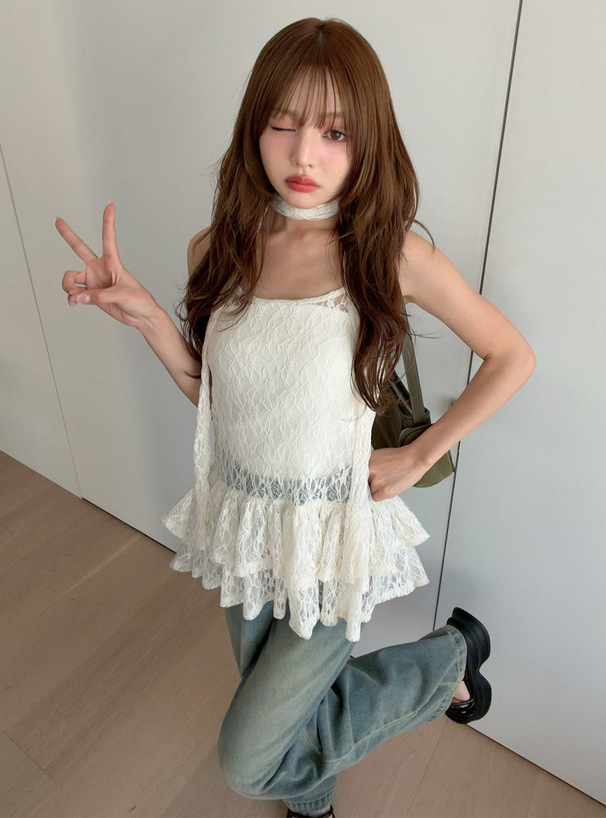 タイ付きレースティアードキャミソールトップス