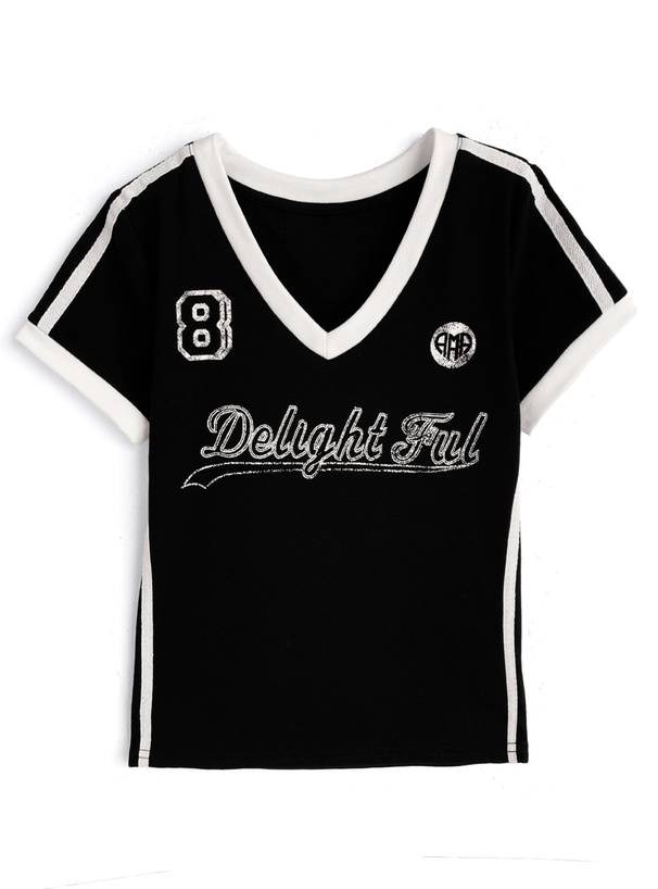 Vネックユニフォーム風ロゴプリントトップス