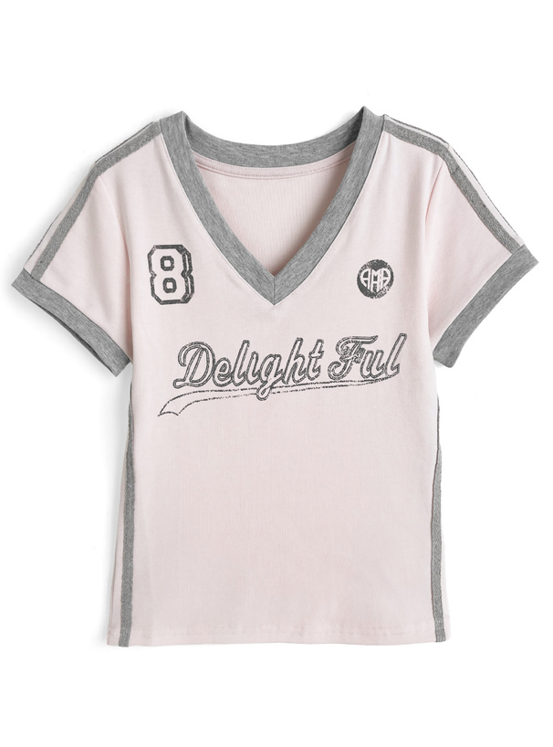 Vネックユニフォーム風ロゴプリントトップス