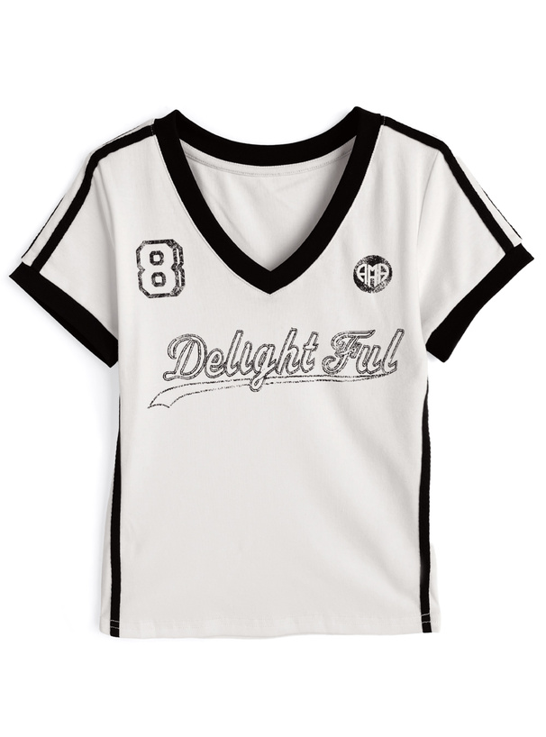 Vネックユニフォーム風ロゴプリントトップス