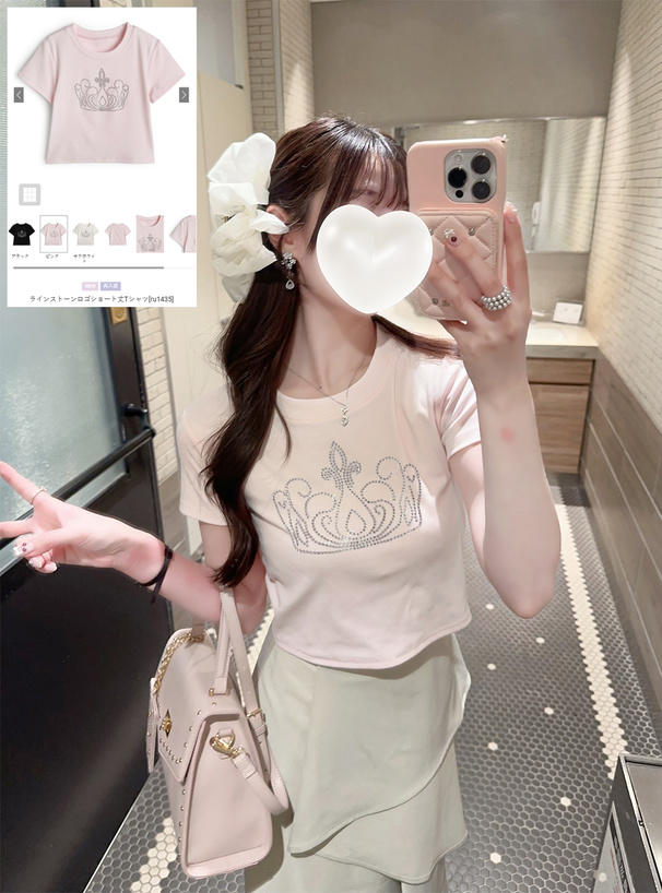 ラインストーンロゴショート丈Tシャツ