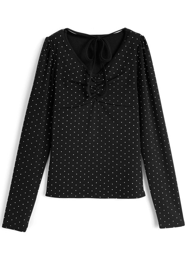 ドット柄ネックリボンギャザートップス[ru1450]