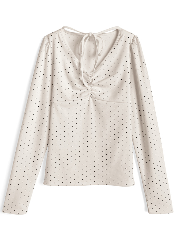 ドット柄ネックリボンギャザートップス