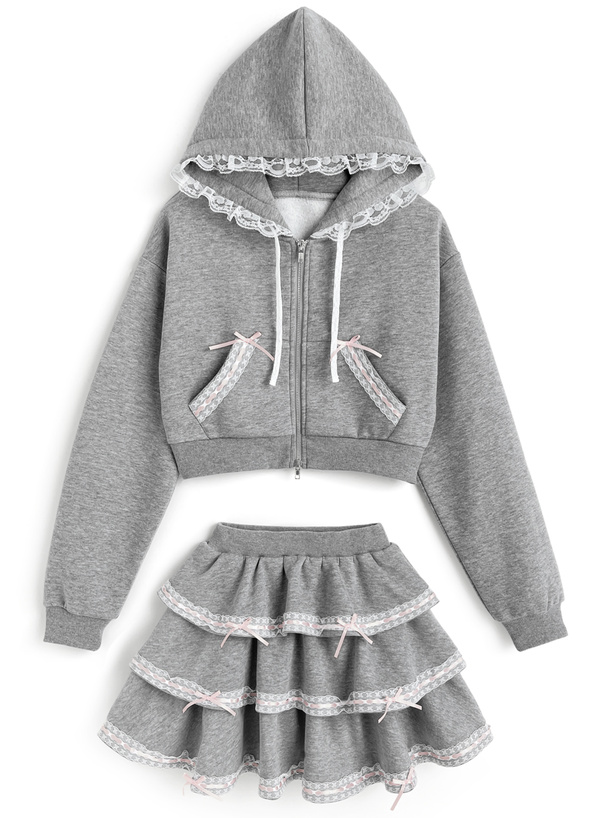 リボンレースパーカー×ティアードミニスカートスウェットセットアップ