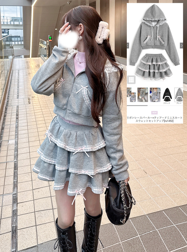 リボンレースパーカー×ティアードミニスカートスウェットセットアップ