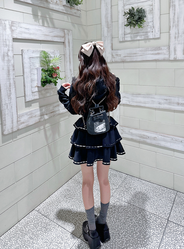 リボンレースパーカー×ティアードミニスカートスウェットセットアップ