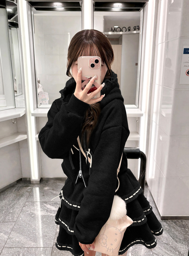 リボンレースパーカー×ティアードミニスカートスウェットセットアップ