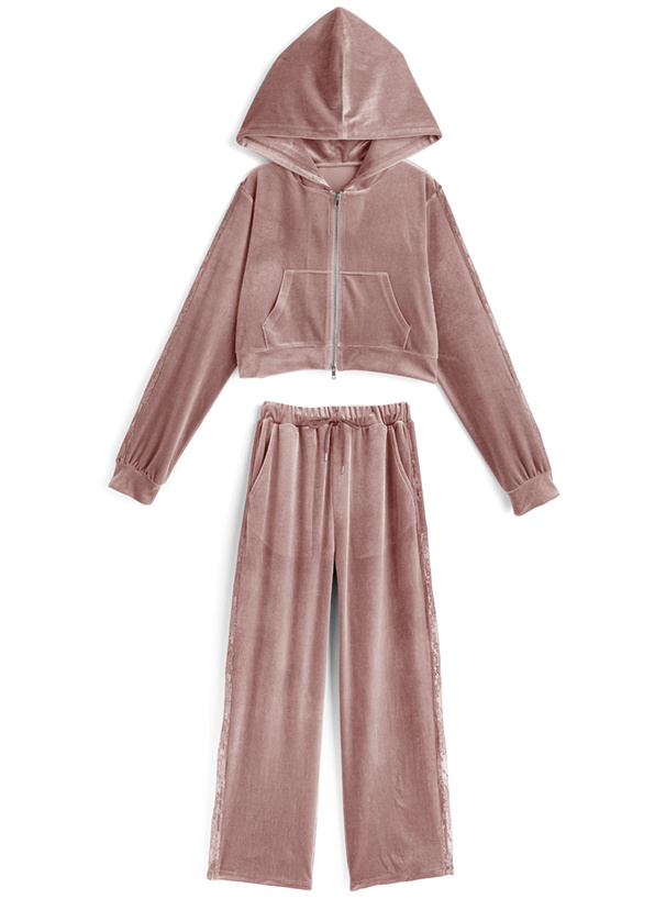 ベロアレースパーカー×ワイドパンツセットアップ