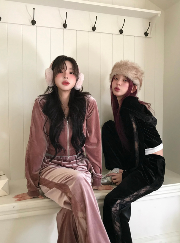 ベロアレースパーカー×ワイドパンツセットアップ[ru1457] | レディース