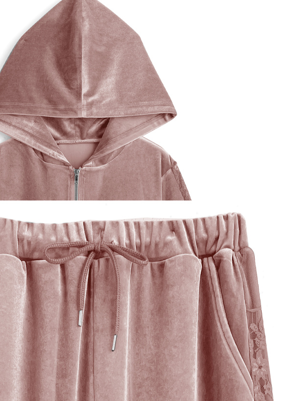 ベロアレースパーカー×ワイドパンツセットアップ[ru1457] | レディース