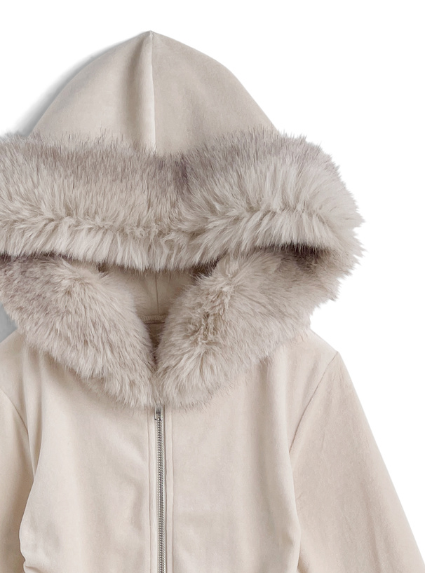 ファーフードダブルジップパーカー×フリルティアードミニスカートベロアセットアップ