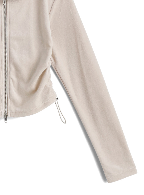 ファーフードダブルジップパーカー×フリルティアードミニスカートベロアセットアップ