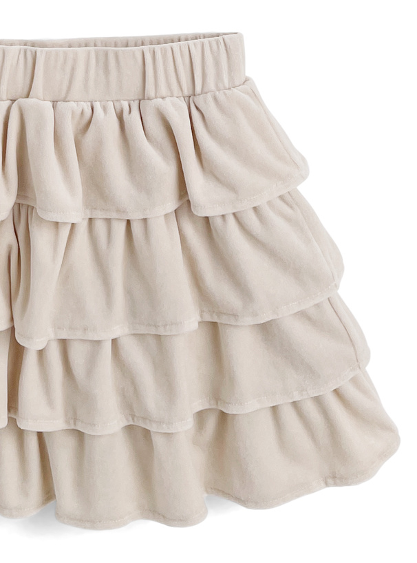 ファーフードダブルジップパーカー×フリルティアードミニスカートベロアセットアップ