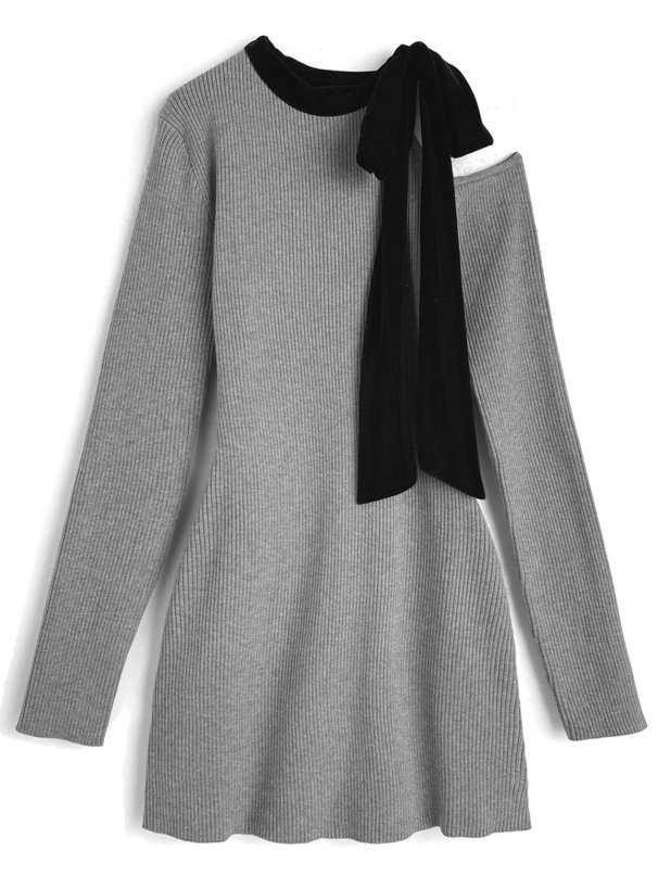 ワンショルダーベロアリボンリブニットミニワンピース