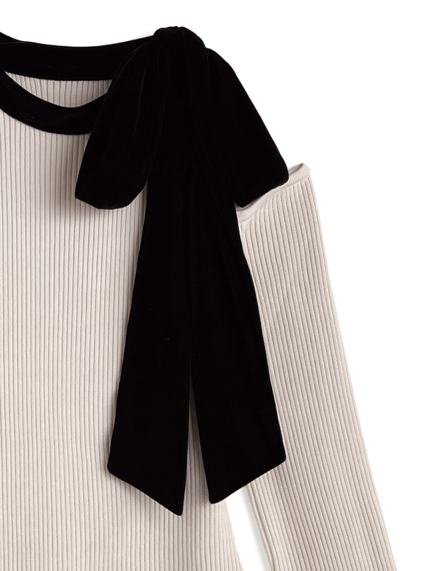 ワンショルダーベロアリボンリブニットミニワンピース