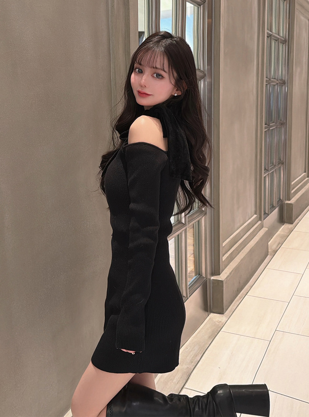 ワンショルダーベロアリボンリブニットミニワンピース