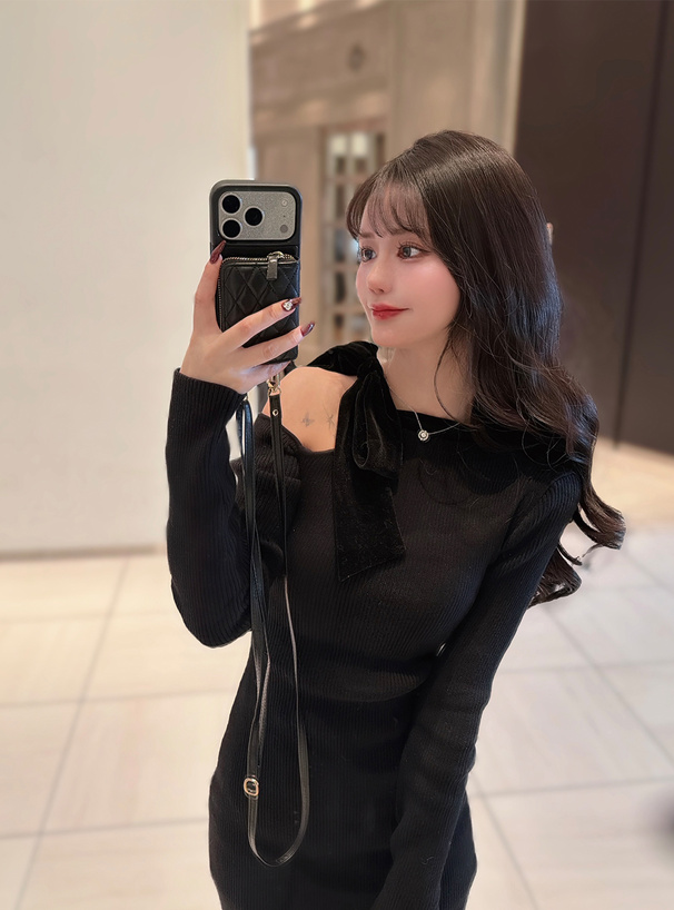 ワンショルダーベロアリボンリブニットミニワンピース